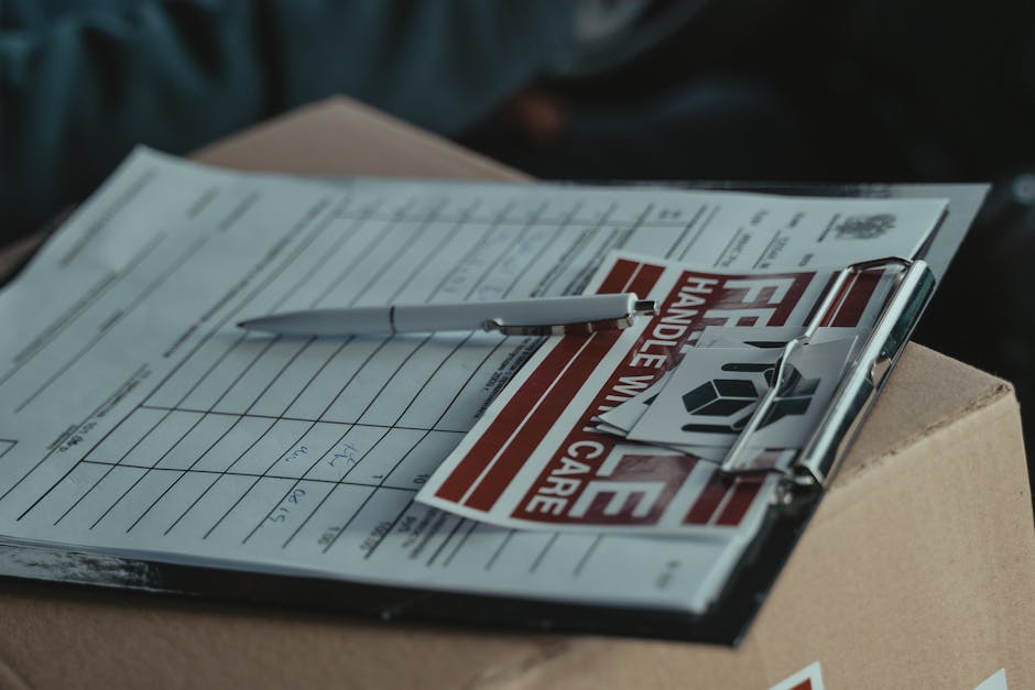 Close-up view of a clipboard holding a house removal quote form with printed text, a ballpoint pen resting horizontally across the top, and a small removal company sticker featuring a hexagon design placed on the form. The clipboard is positioned on top of a cardboard box, suggesting the packing and moving process. The background shows part of a doorway or interior space, indicating an indoor environment where home relocation preparations are underway. The scene captures the detailed elements involved in the logistics of furniture transport and packing for a house move, with neutral lighting highlighting the documents and relevant items. This setup reflects the process of obtaining or reviewing removal quotes, as managed by Man with Van Longford, aligning with services in the removals category.